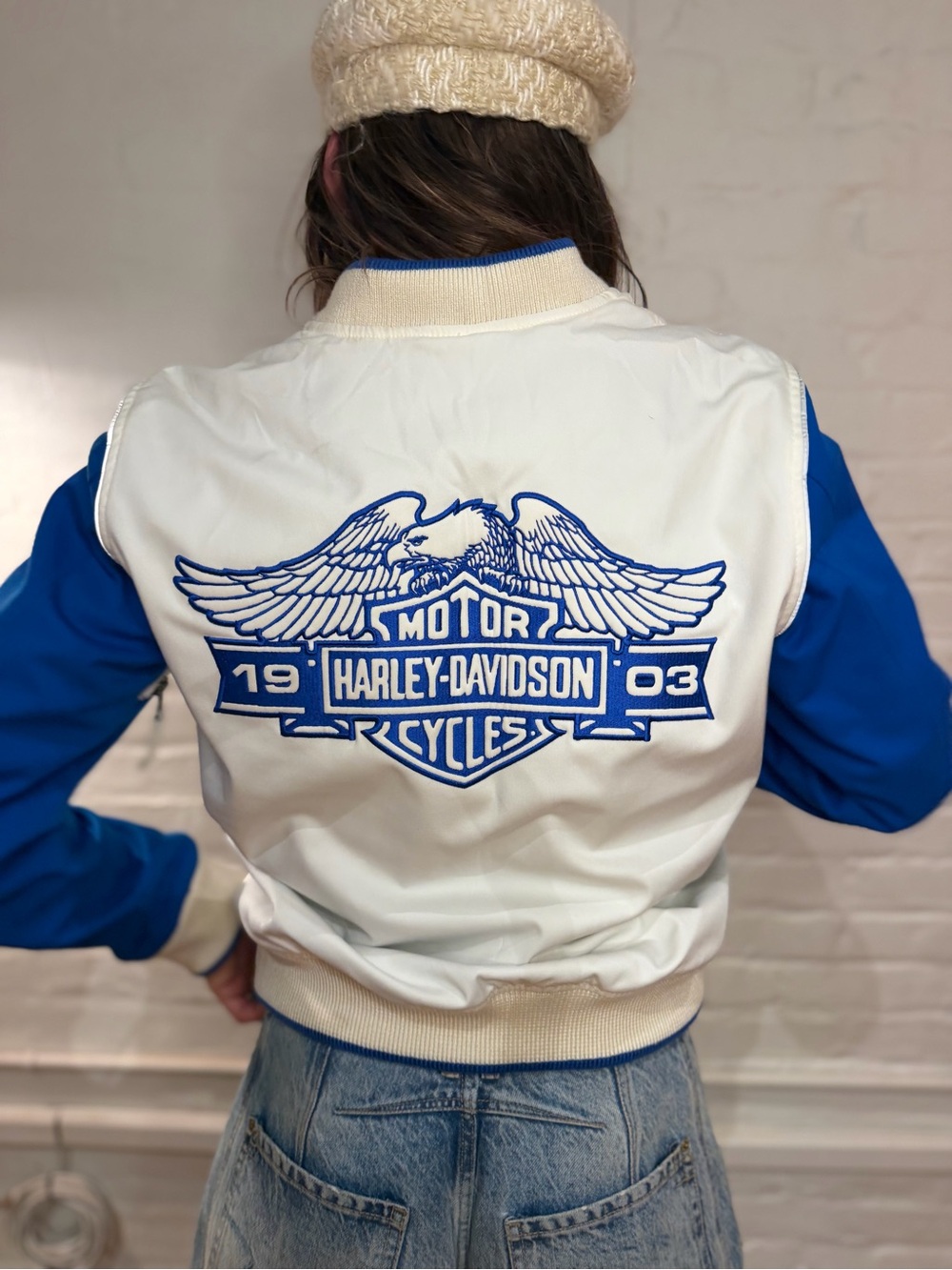 Harley-Davidson White and Blue Bomber Jacket